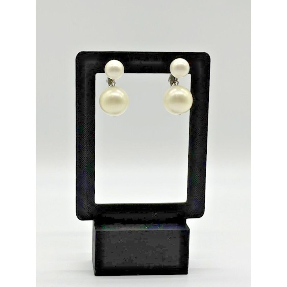 Vintage Marvella Faux Pearl Double Drop Clip On Earrings Signed Silver Tone